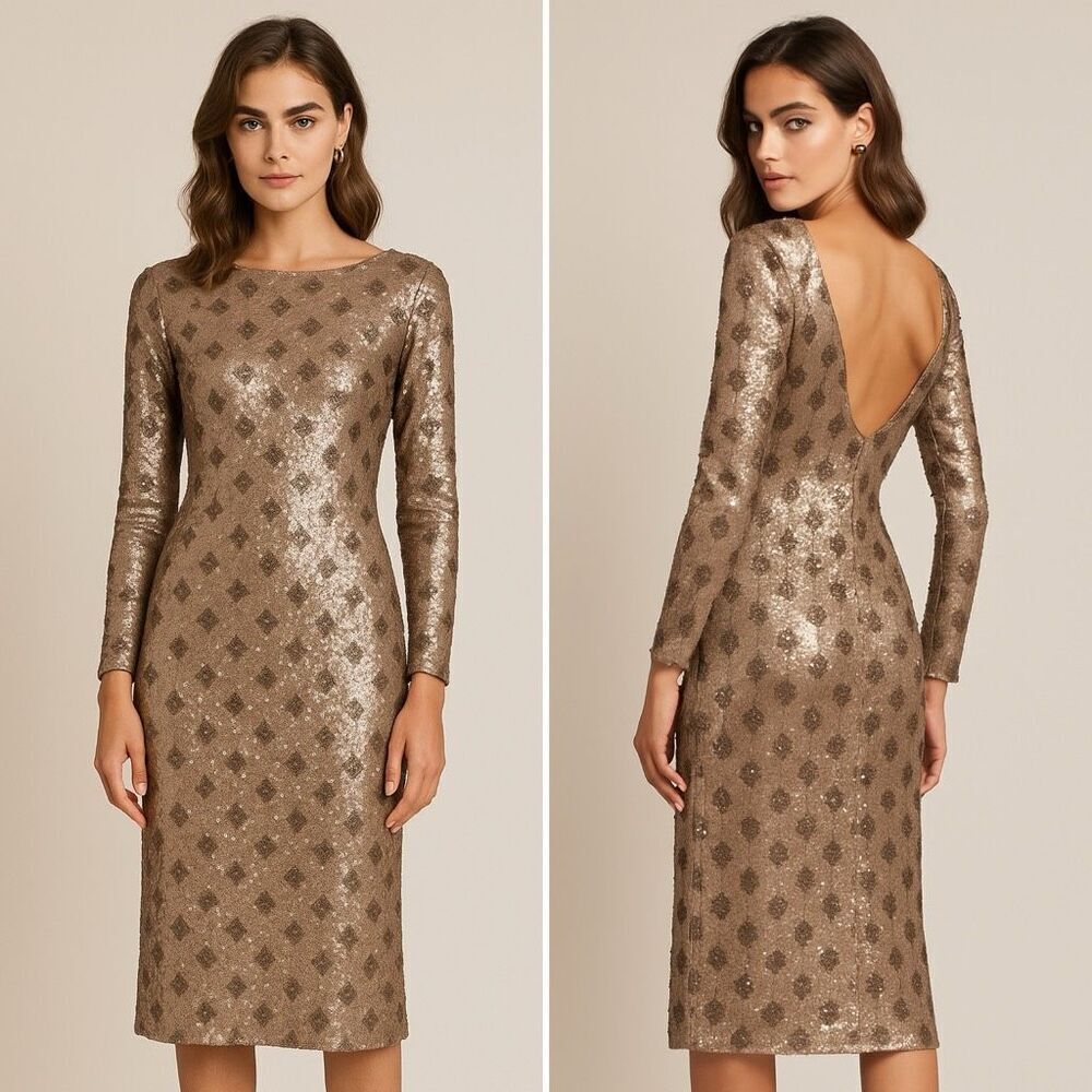 Dress the Population Emery Sequin Dress XL Champagne Gold V Back Party